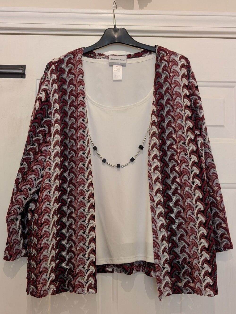 Alfred Dunner Petite Red/Gray/White Jacketed Blouse With Matching Necklace, PXL